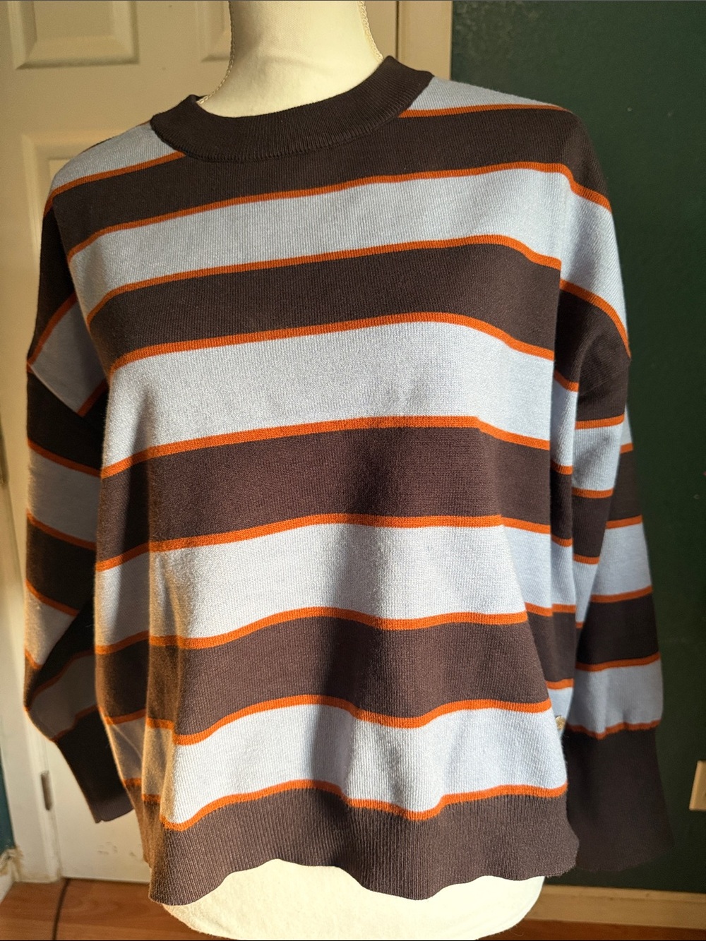 Scotch & Soda Women's Striped Crewneck Sweater in Light Blue, Brown & Orange